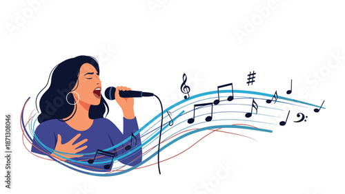 Talented female singer performing with microphone while musical notes and staff flow elegantly across the white background.