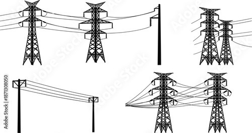 Collection of High Voltage Electricity Pylons and Poles Silhouettes Keywords: electricity pylon, high voltage, power line