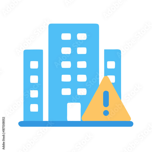 Illustration of buildings with an exclamation mark icon on a black background