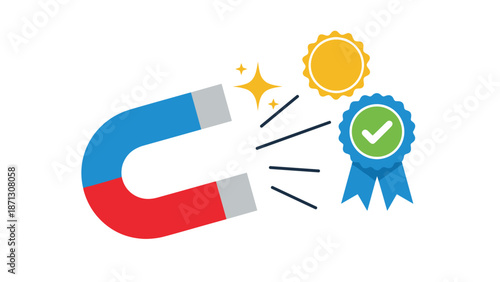 Large horseshoe magnet attracts a quality award badge and gold seals symbolizing the power of brand attraction and customer trust.