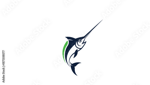 Dynamic blue and green marlin jumping out of the water shown in a sleek vector style suitable for fishing tournaments or logos.