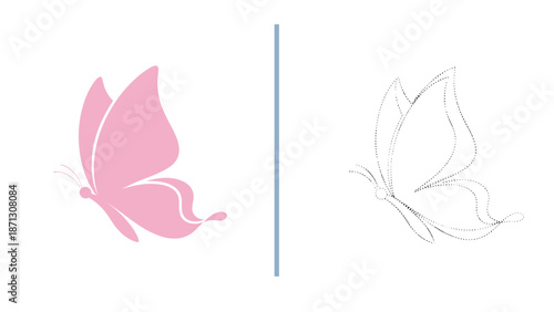 Pretty pink butterfly silhouette is shown next to its dotted line version representing a connect the dots activity or delicate nature logo.