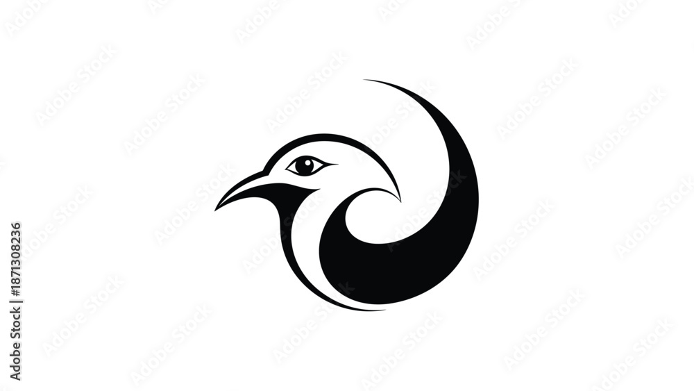 Obraz premium Modern abstract bird head logo design with flowing lines and a circular motif in minimalist black and white style.
