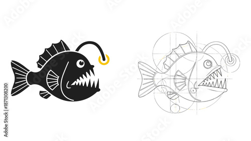 Black angler fish silhouette next to its geometric construction drawing showing circles and arcs used in professional logo design.