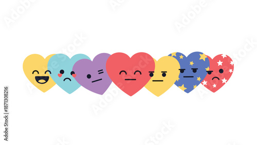 Row of colorful hearts with various facial expressions representing different human emotions and feelings in a simple icon style.