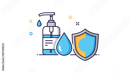 Hand sanitizer gel bottle with protective shield and water drop symbols for hygiene and virus protection concept.