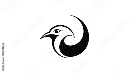 Modern abstract bird head logo design with flowing lines and a circular motif in minimalist black and white style.