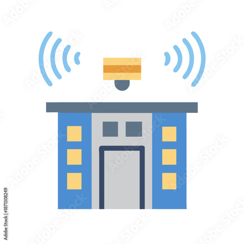 Smart building with wireless technology illustrated in flat design style on black background