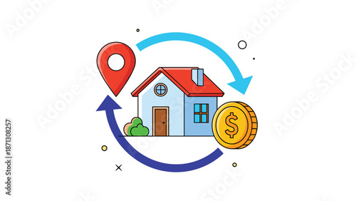 Real estate concept showing a house with blue arrows, a red location pin, and a gold dollar coin for property trade.
