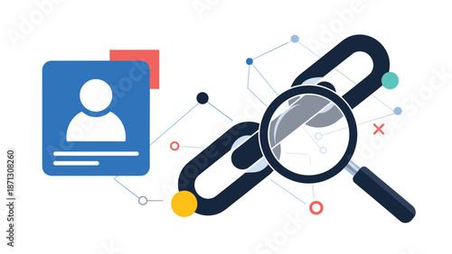 Digital link icon under a magnifying glass with a person profile card illustrating data analysis and connectivity.