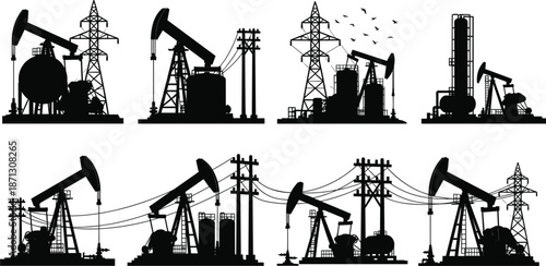 Collection of Oil Pump Jacks and Transmission Towers in Silhouette Keywords: oil, petroleum, energy, industry, pump jack