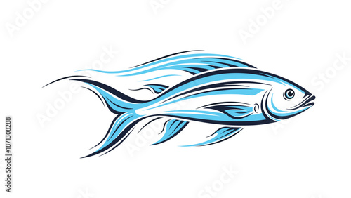 Dynamic illustration of a blue fish swimming with flowing lines and movement on a white background for seafood brand.