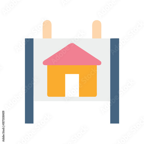 House for sale sign with pink roof and golden walls, flat design