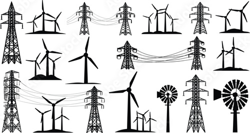 Collection of Wind Turbines and Electricity Pylons Silhouettes on White Keywords: wind turbine, electricity pylon, power line