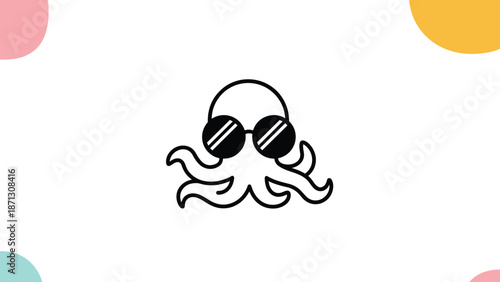 Fun and cool black line drawing of a small octopus wearing dark sunglasses on a white background for summer beach.