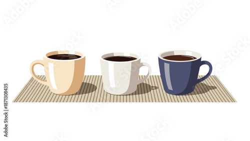 Set of three different colored coffee mugs filled with dark coffee sitting on a striped textured table mat for breakfast.