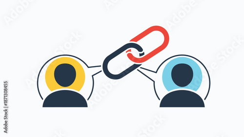 Two human silhouettes connected by a metal chain link represent social networking, professional partnership, and strong community bonds.