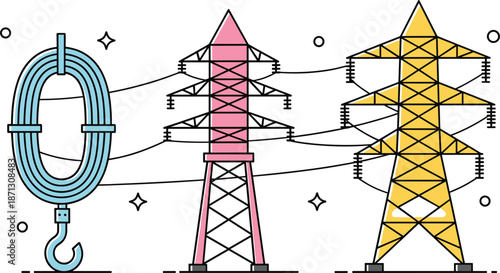Colorful Flat Design Electrical Towers and Cable Coil with Hook electricity power