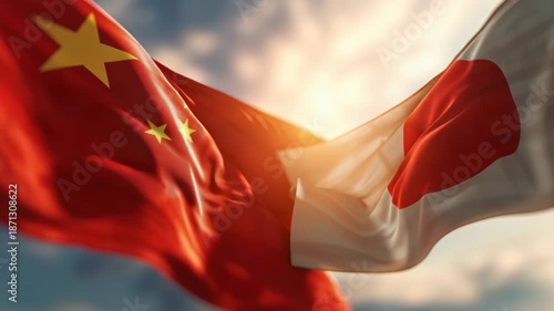 Cultural exchange celebration china and japan flags intertwined outdoor setting dynamic atmosphere symbol of unity