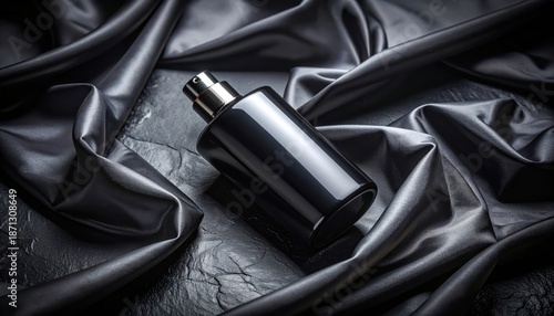 Sleek black perfume bottle lying on black silk background