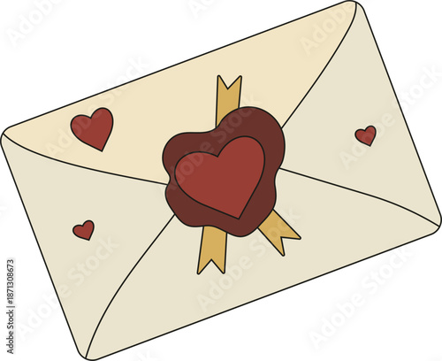 Vintage 1940s love letter envelope vector. Retro mail with heart wax seal and small hearts. Traditional Americana tattoo style illustration in cream, red, and muted gold colors