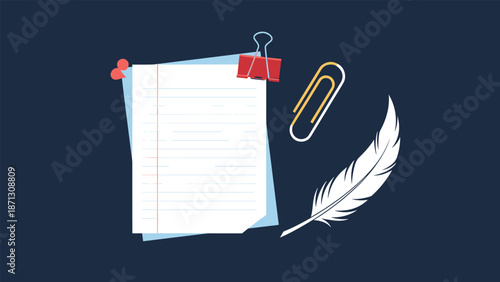 Lined paper with office supplies and a white quill feather suggests traditional writing, document organization, and creative blogging.