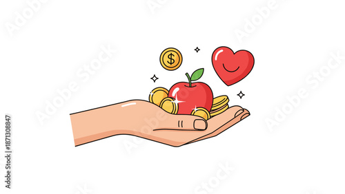 Human hand offering a red apple, gold coins, and a smiling heart symbolizes charity, health, and social welfare contributions.