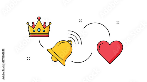Royal crown, ringing golden bell, and red heart symbols connected by lines represent luxury, notifications, and brand loyalty.