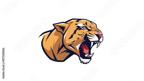 Roaring wild cat head with sharp teeth and fierce eyes serves as a powerful mascot for sports teams or predator-themed logos.