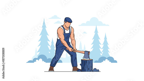 Strong lumberjack swinging an axe to chop a wood log in a pine forest setting illustrates hard manual labor and forestry.