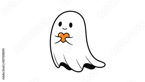 Friendly white ghost character holding a small orange heart conveys themes of love, kindness, and cute Halloween celebrations.