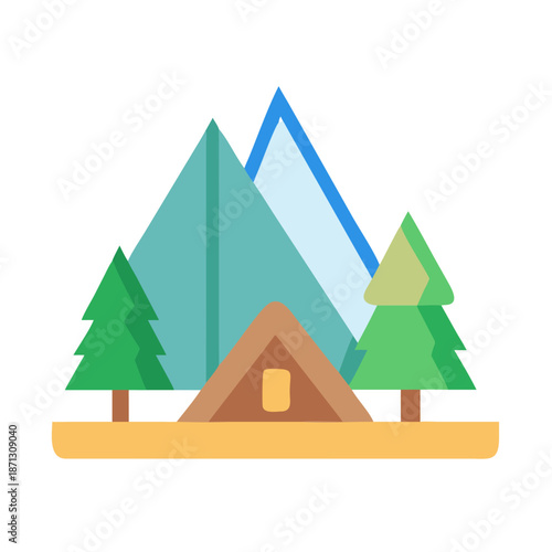 Camping scene featuring tent mountains and trees in a flat minimalist style