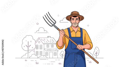 Portrait of a smiling middle-aged farmer holding a pitchfork against a farmhouse background represents rural life and agriculture.