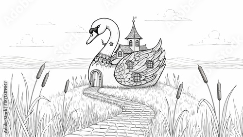 Black and white illustration of a swan-shaped house on a path through tall grass and reeds with a serene landscape background.