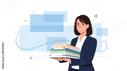 Smiling businesswoman in a dark suit holding a thick stack of colorful office folders represents administrative tasks and work.