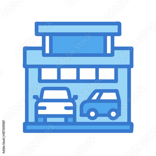 Car dealership icon featuring two vehicles in a showroom flat design