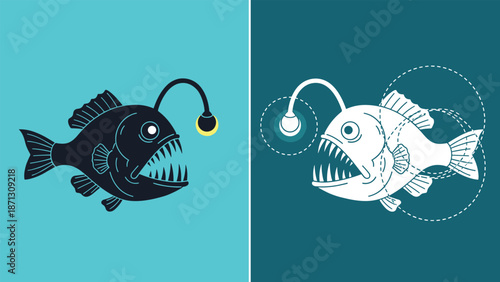 Side view of an anglerfish silhouette comparison with its geometric grid construction on a split turquoise background.