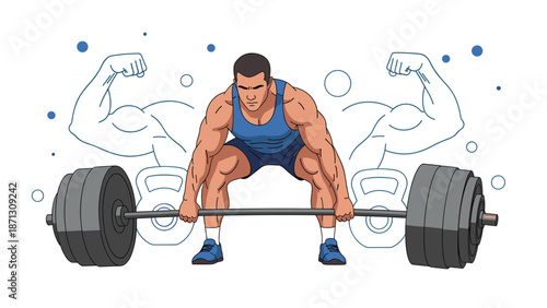 Powerful male athlete performing a heavy deadlift with a barbell and weights in a fitness training session illustration.