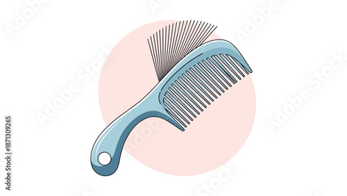 Detailed light blue hair comb illustration with fine teeth and a handle set against a soft pink circular background.