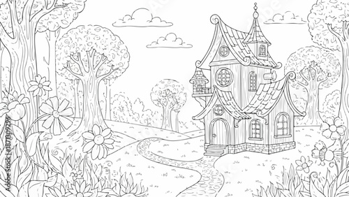 Black and white illustration of a whimsical house with a winding path surrounded by trees and flowers in a serene landscape.