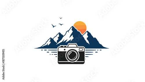 Scenic nature photography icon featuring a camera silhouette in front of blue mountains and a warm setting sun with birds.