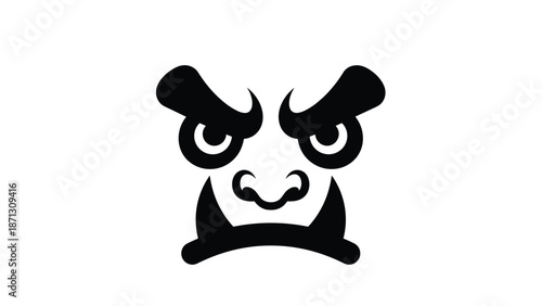 Bold black and white graphic design of a fierce and angry face mask icon with large eyebrows and sharp tusks or teeth.