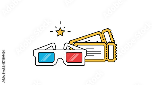 Cinema and movie theater icons showing a pair of 3D glasses and two admission tickets with a shining star element.