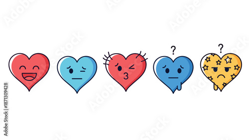 Row of five heart shaped character icons with various facial expressions like happy, neutral, blowing a kiss, and sad.