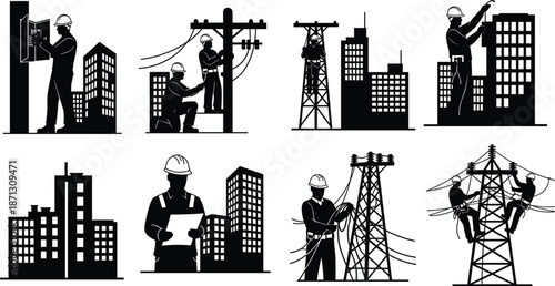 Silhouettes of Electricians Working on Power Lines and Buildings utility pole transformer
