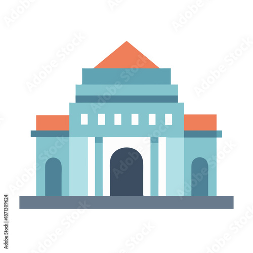 Flat vector illustration of classical building facade with arch, columns and pediment