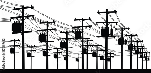 Silhouette of Electrical Poles with Transformers and Wires on White Background Keywords: electrical pole, power line