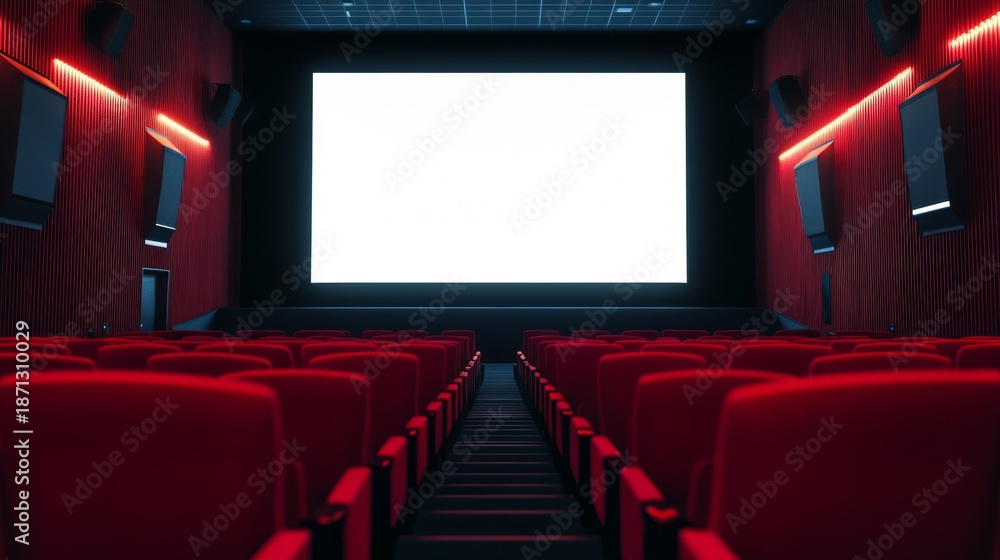 Fototapeta premium An interior shot of an empty movie auditorium with rows of chairs facing a white screen