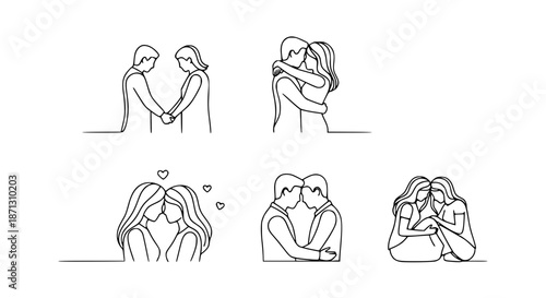 Collection Of Minimalist Continuous Line Drawings Depicting Diverse Couples Sharing Moments Of Love Intimacy And Connection