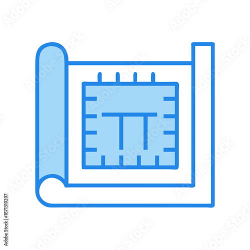 Blue architectural blueprint plan design icon graphic illustration on black background